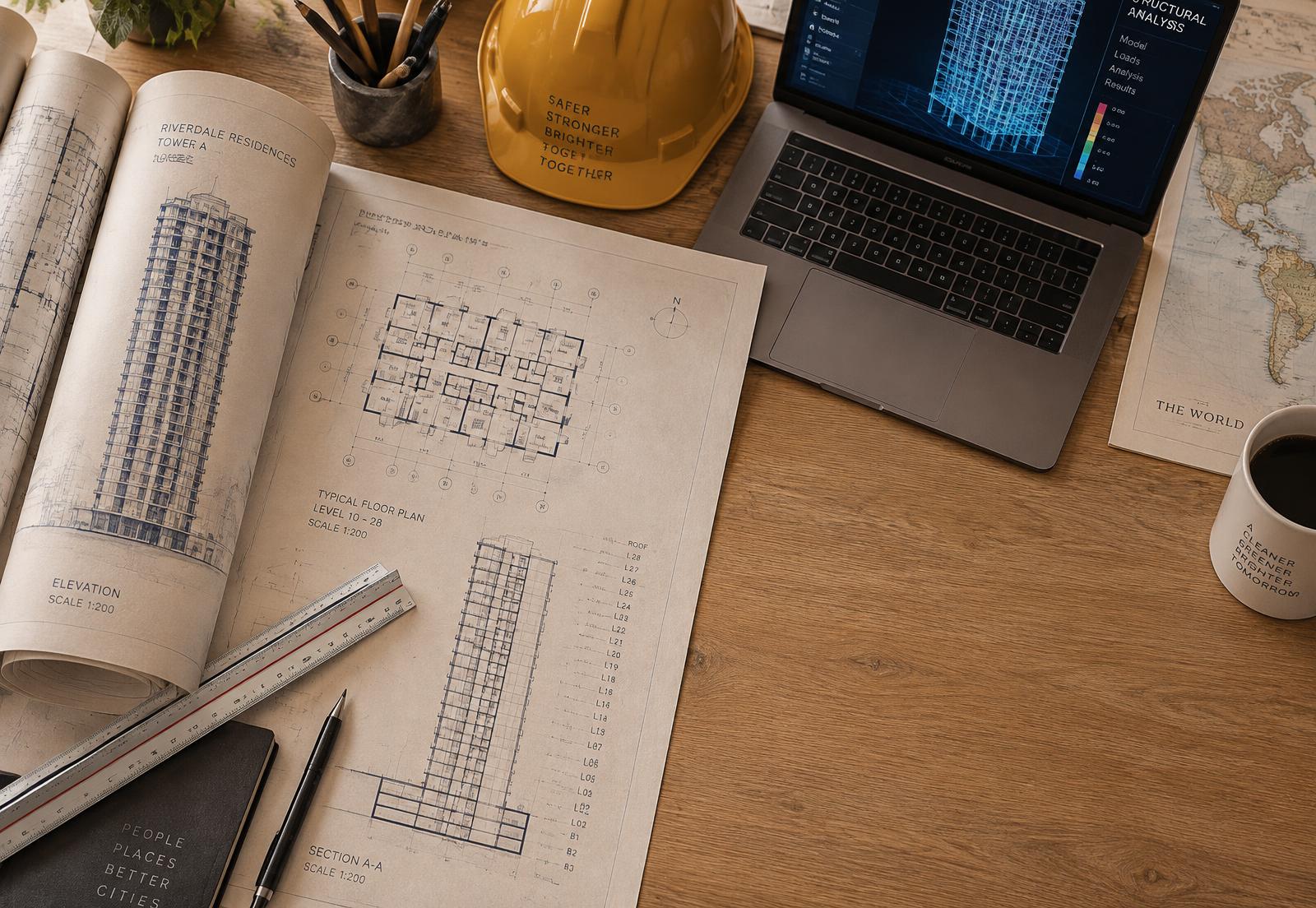 طاولة رسم هندسي مع مخططات برج سكني